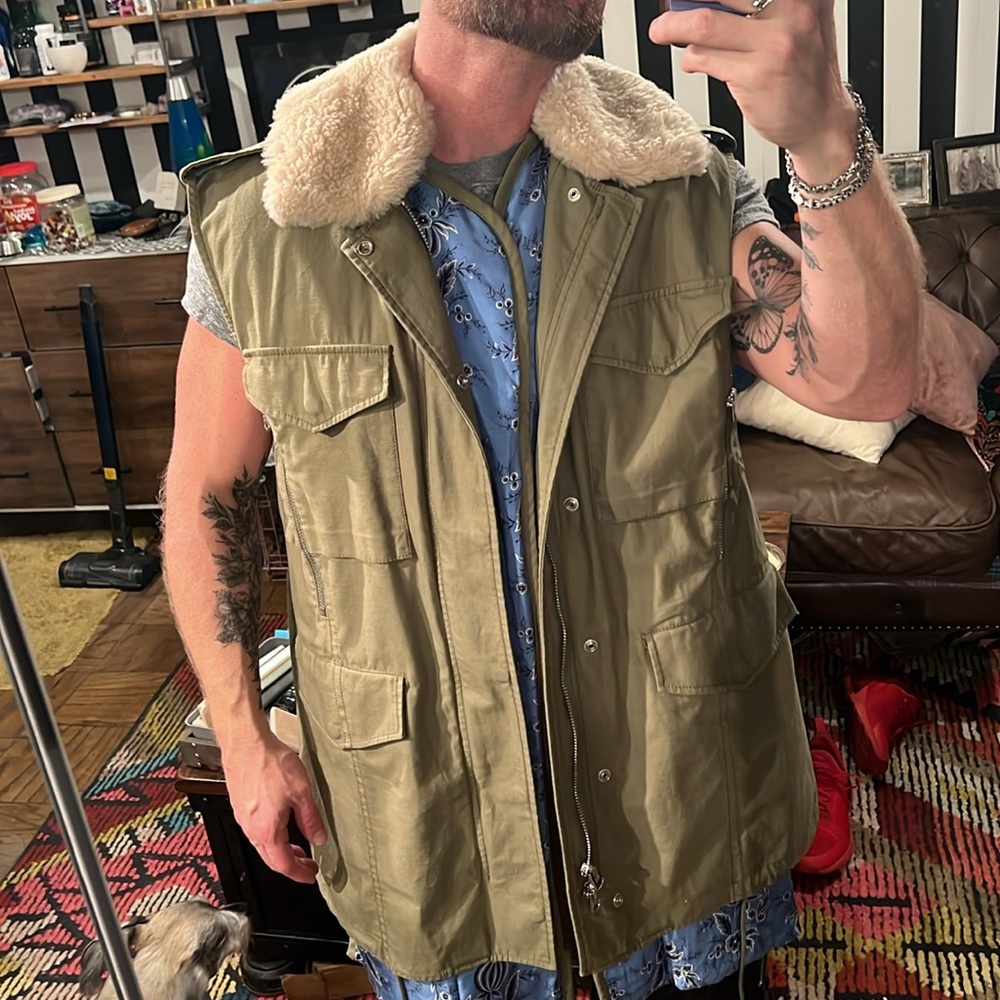 Phillip Lim FW18 RTW Vest Olive 34 floral detail and shearling collar